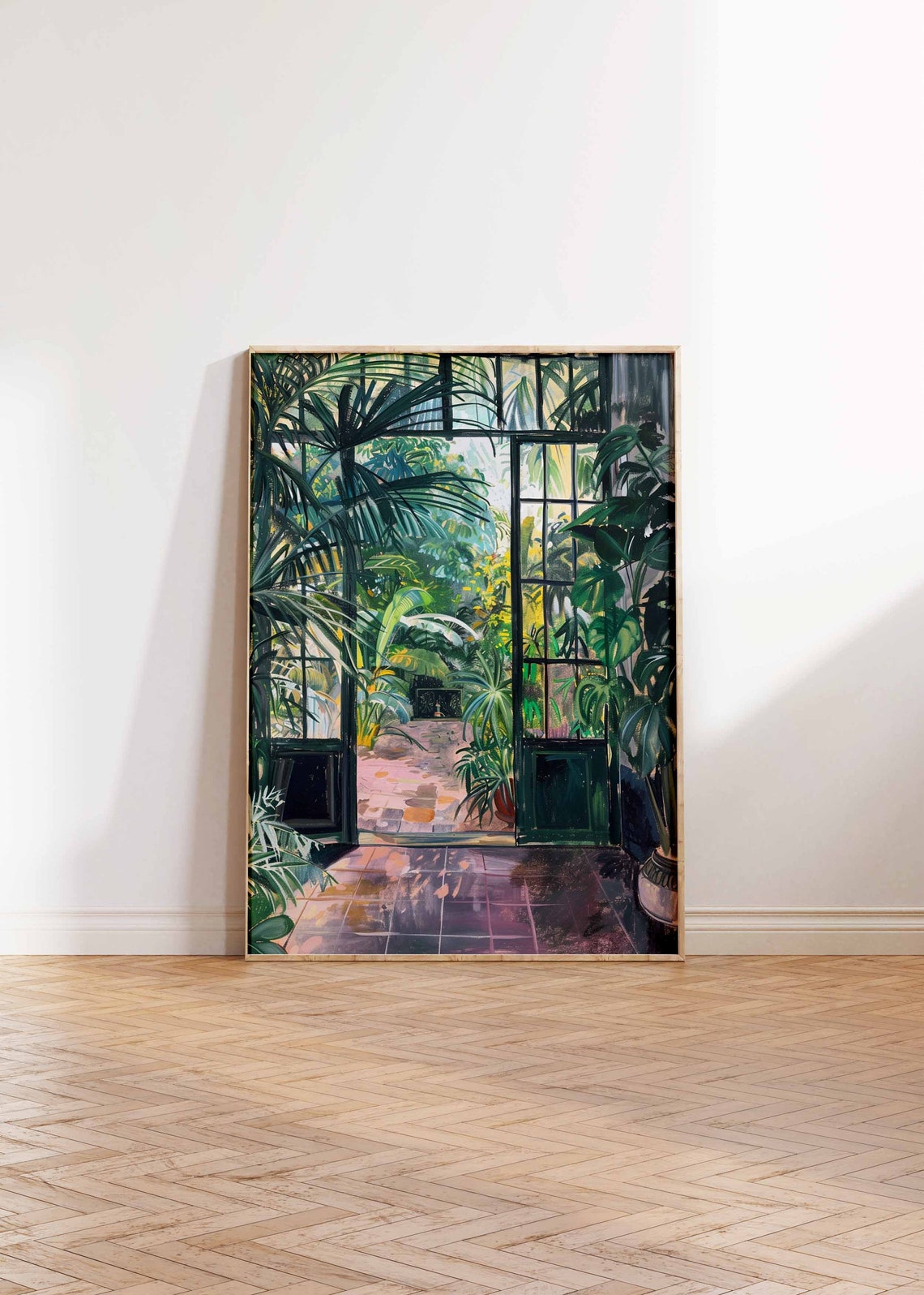 Sunlit Glasshouse Open Doors Lush Monstera Garden Painting Poster - Image 3