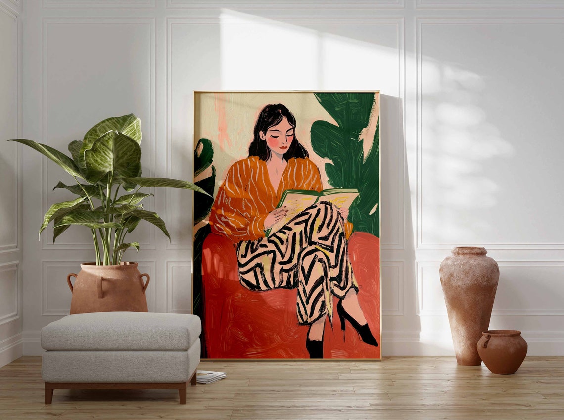 Woman Reading Orange Striped Blouse Zebra Pants Portrait Poster - Image 2