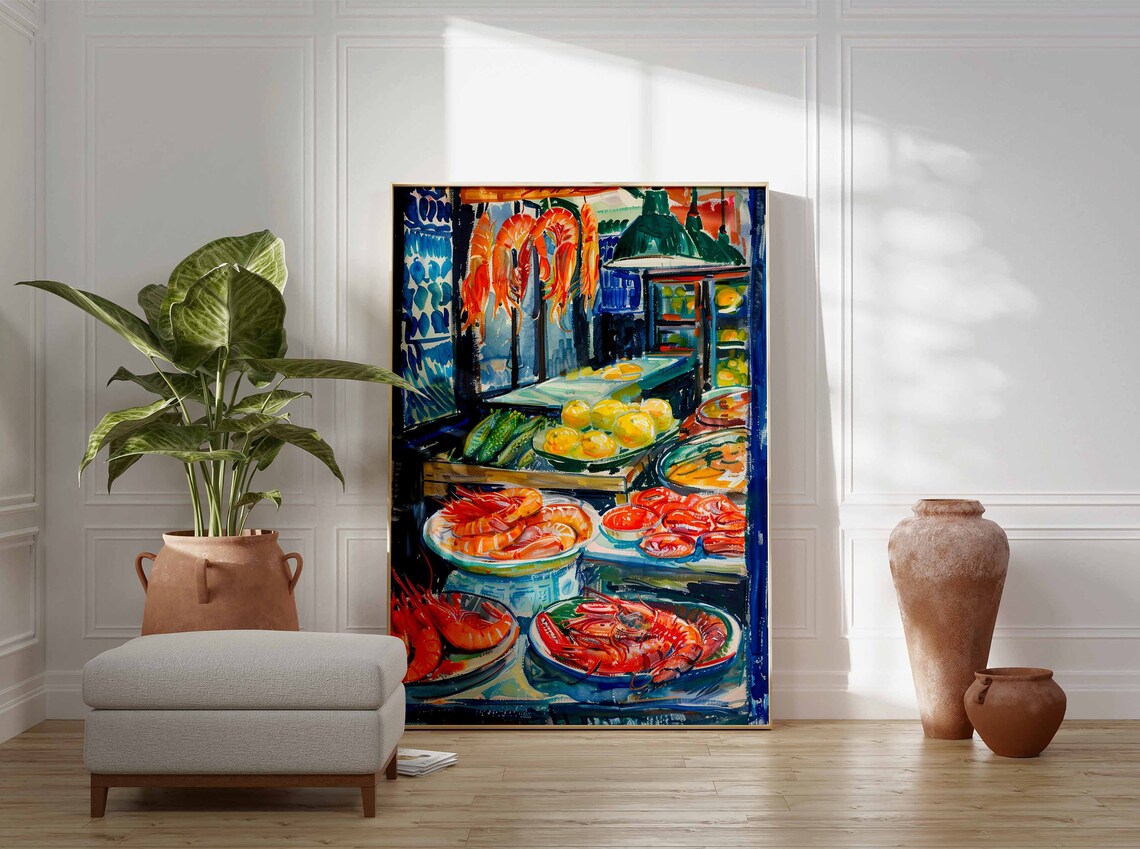 Shrimp Platters Hanging Prawns Blue Market Still Life Painting Poster - Image 3