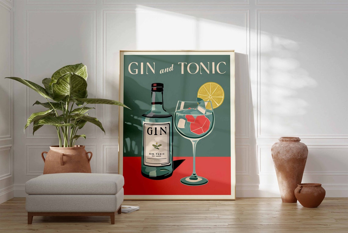 Gin and Tonic Bottle Glass Sage Green Retro Cocktail Bar Poster - Image 3