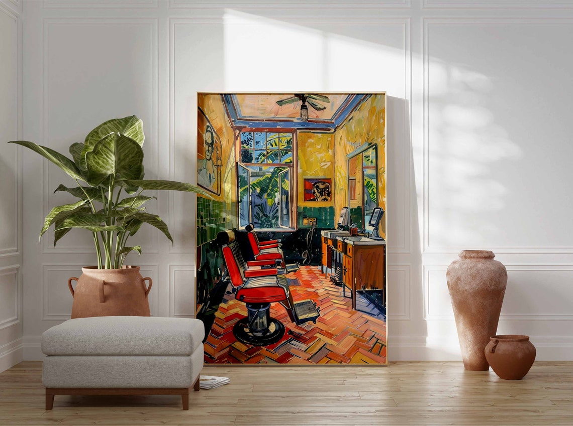 Sunlit Yellow Barbershop Red Chairs Open Door Palm Retro Salon Print - Image 3