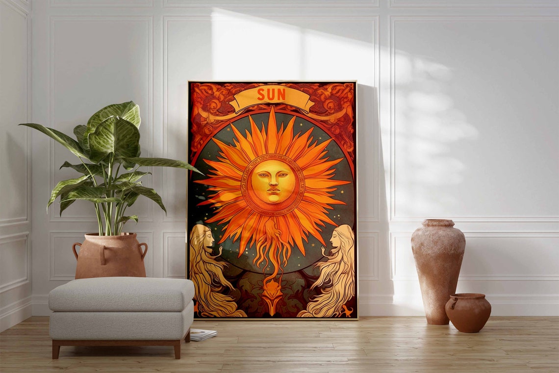 Retro Art Nouveau Sun Face Golden Orange Vintage Celestial Print - Image 2