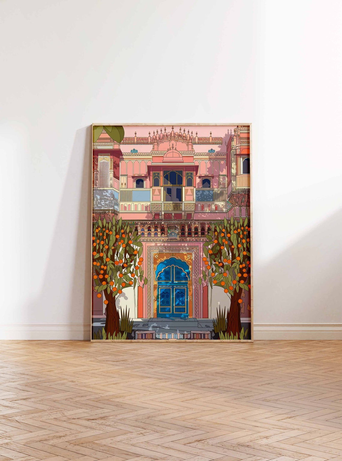 Pink Indian Palace Blue Door Orange Tree Illustration Poster - Image 2
