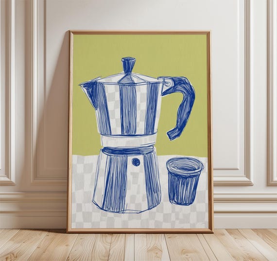 Modern Coffee Maker Poster Blue Line Art Moka Pot Print Minimalist Kitchen Wall Contemporary Cafe Illustration For Lovers