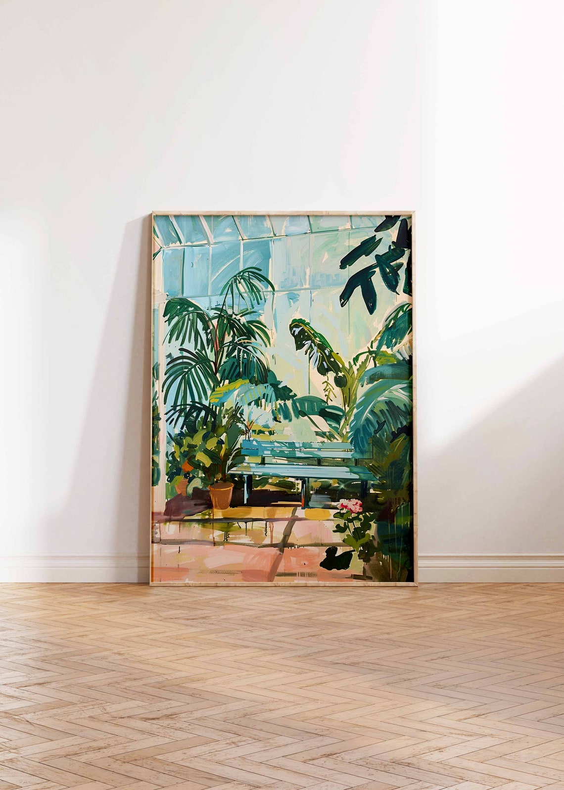 Botanical Greenhouse Bench Palm Plants Sunlit Garden Art Poster - Image 2