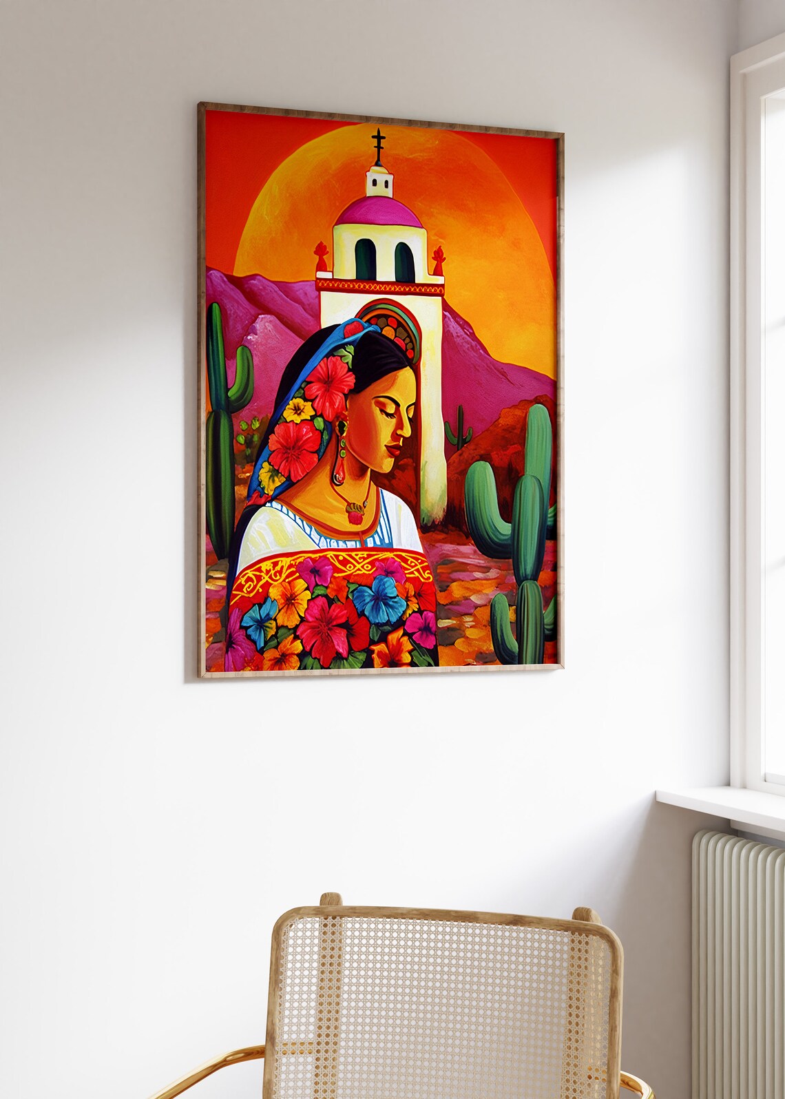 Mexican Woman in Floral Folk Dress with Mission Church Poster - Image 3