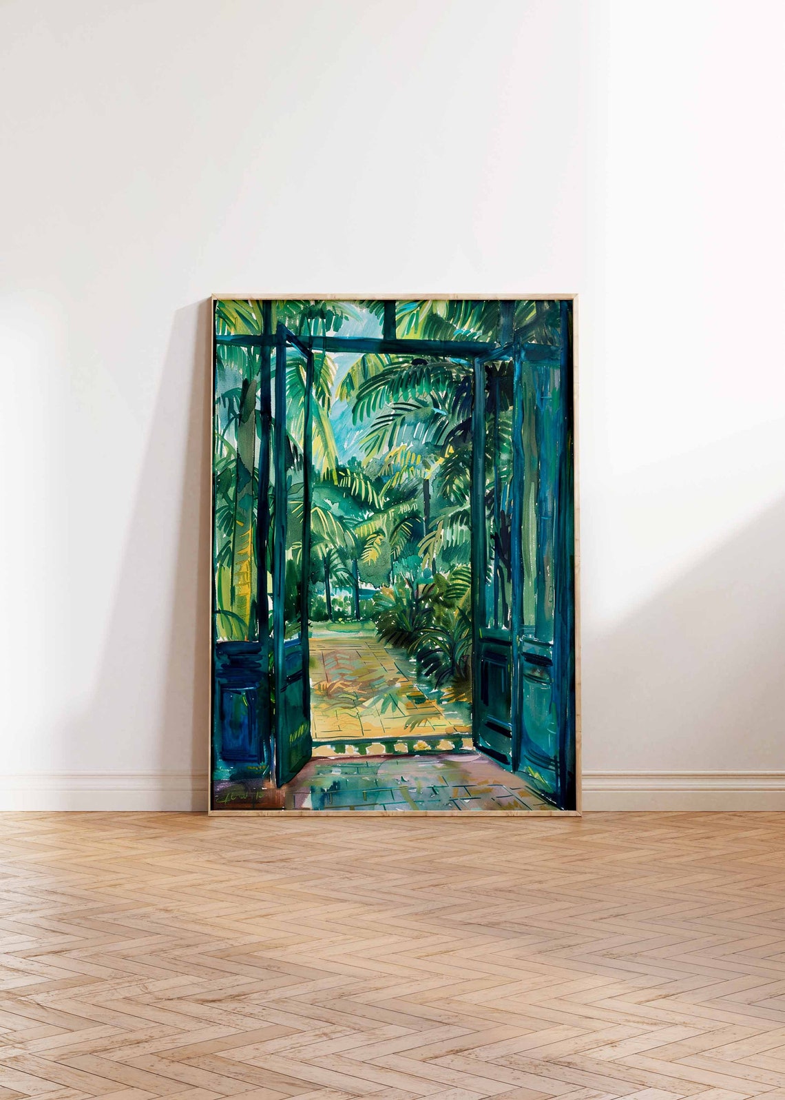 Teal Blue Greenhouse Doorway Tropical Palm Watercolor Poster - Image 3