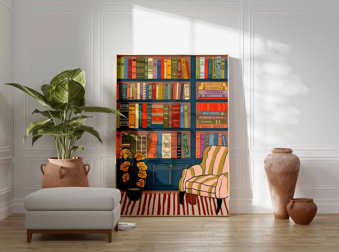 Navy Bookshelf With Striped Armchair Plant Reading Wall Poster - Image 3