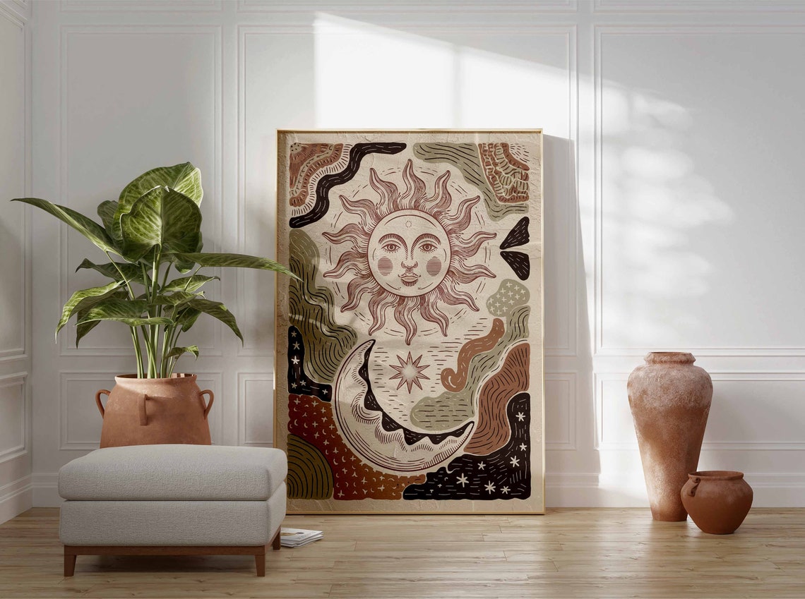 Boho Hand Drawn Sun Face And Crescent Moon Earthy Art Poster - Image 3