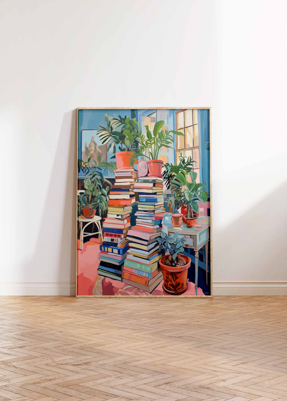 Towering Book Stacks Lush Houseplants Colorful Maximalist Poster - Image 3