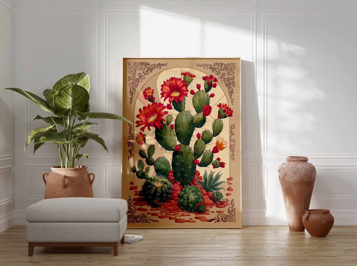 Prickly Pear Cactus In Arch Frame Red Bloom Vintage Art Poster - Image 2