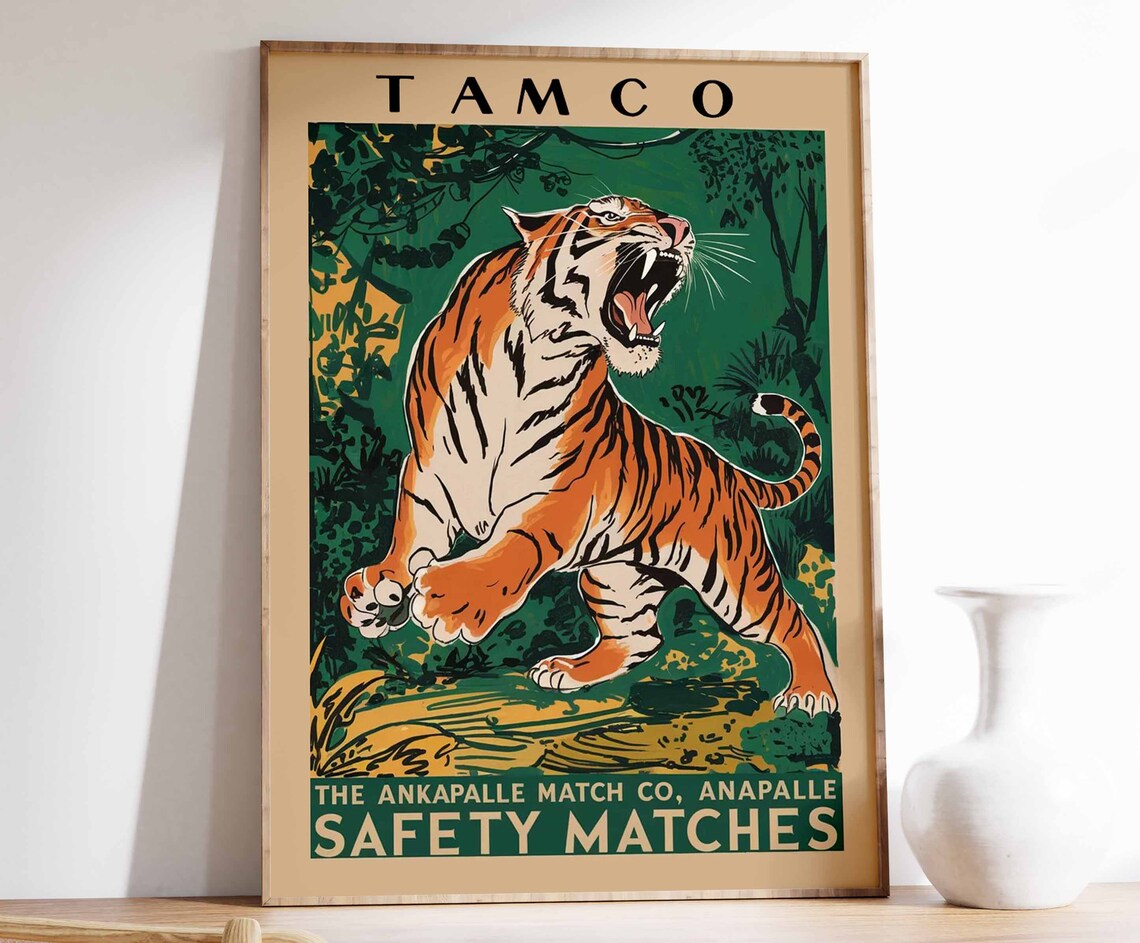 Vintage Tiger Poster, Tropical Jungle Animal Art