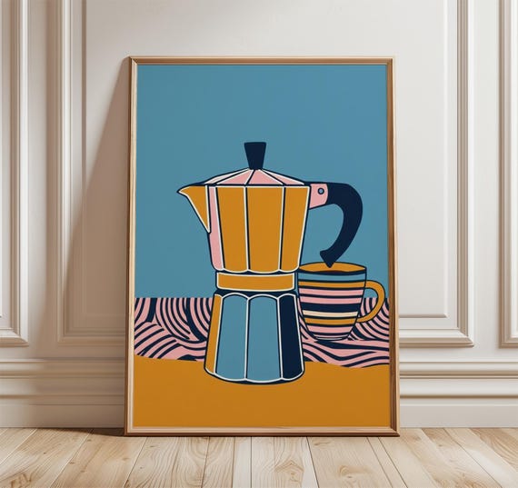 Modern Coffee Pot Pop Art Poster Colorful Moka And Cup Print Bold Mid Century Kitchen Wall Retro Abstract Home Decor Design