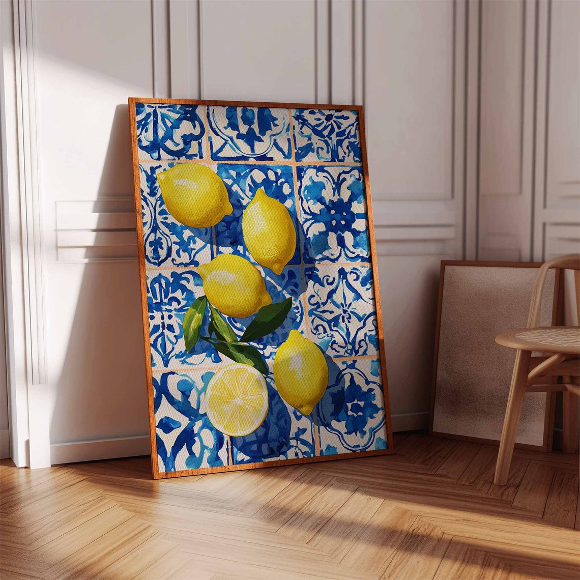 Fresh Juicy Lemons and Lemon Slice Blue White Tile Art Poster - Image 2