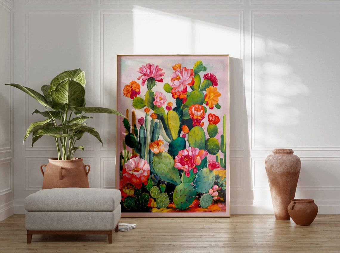 Pink Blooming Cactus Flowers Painterly Desert Beautiful Wall Art - Image 2