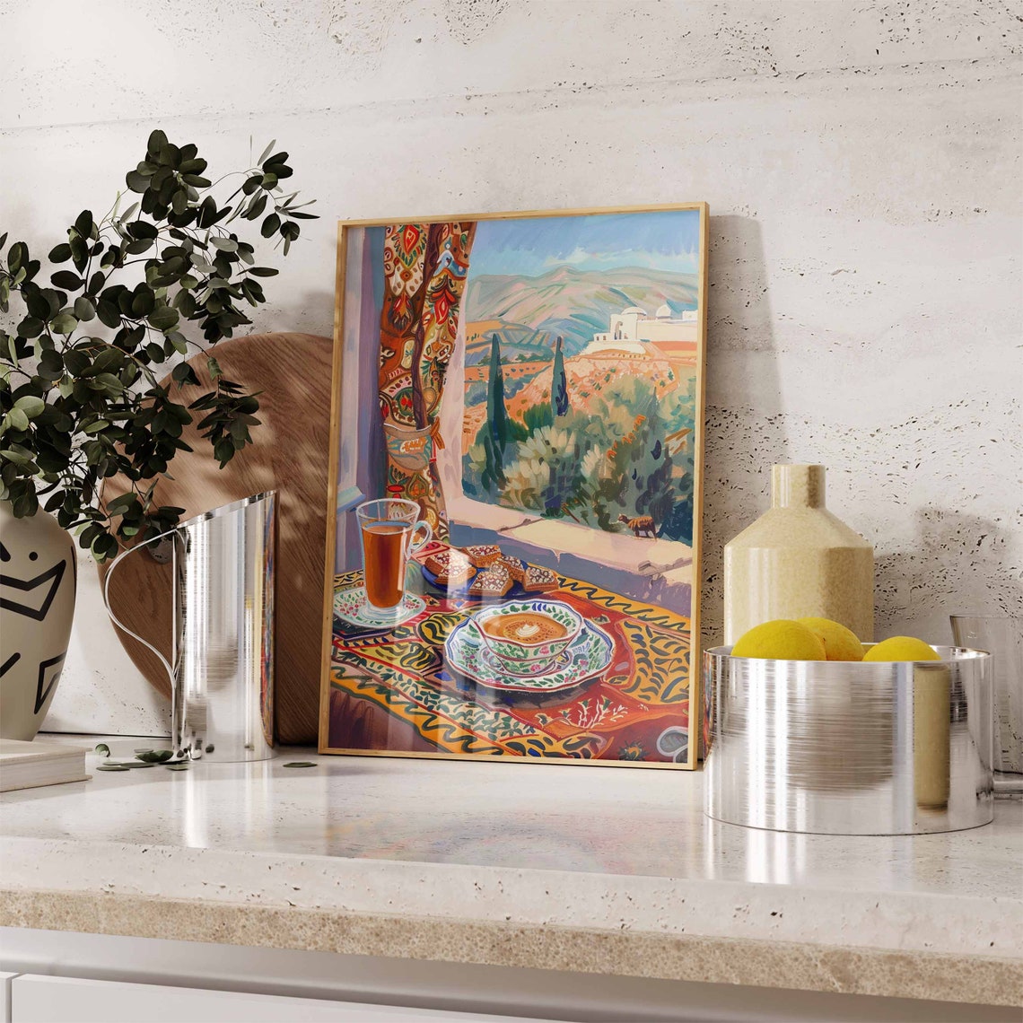 Tea and Coffee Sesame Pastries Hillside View Textile Art Poster - Image 2