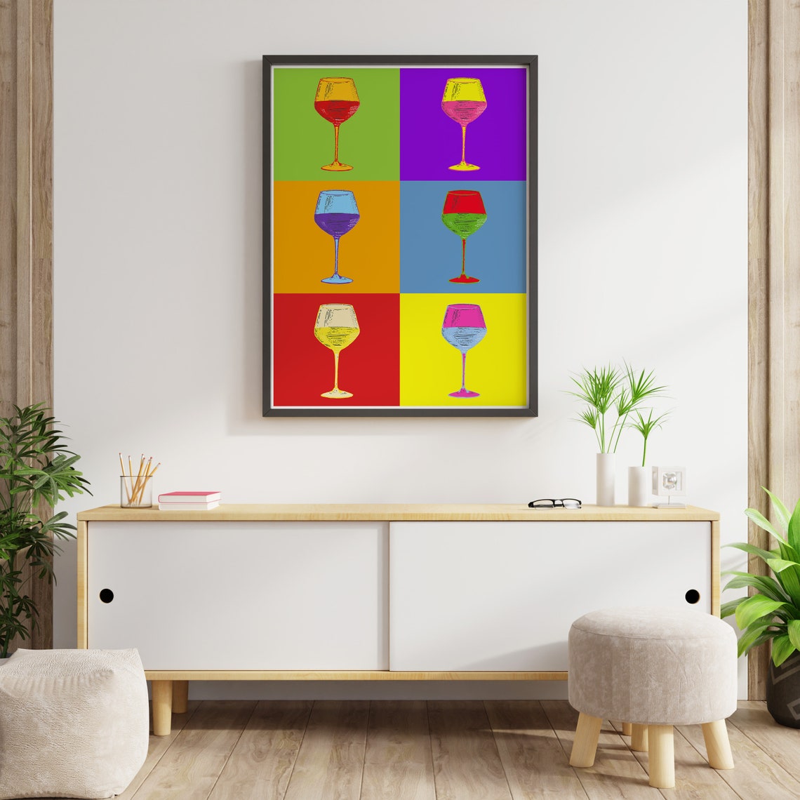Pop Art Wine Glasses Six Panel Colorful Modern Kitchen Bar Poster - Image 3