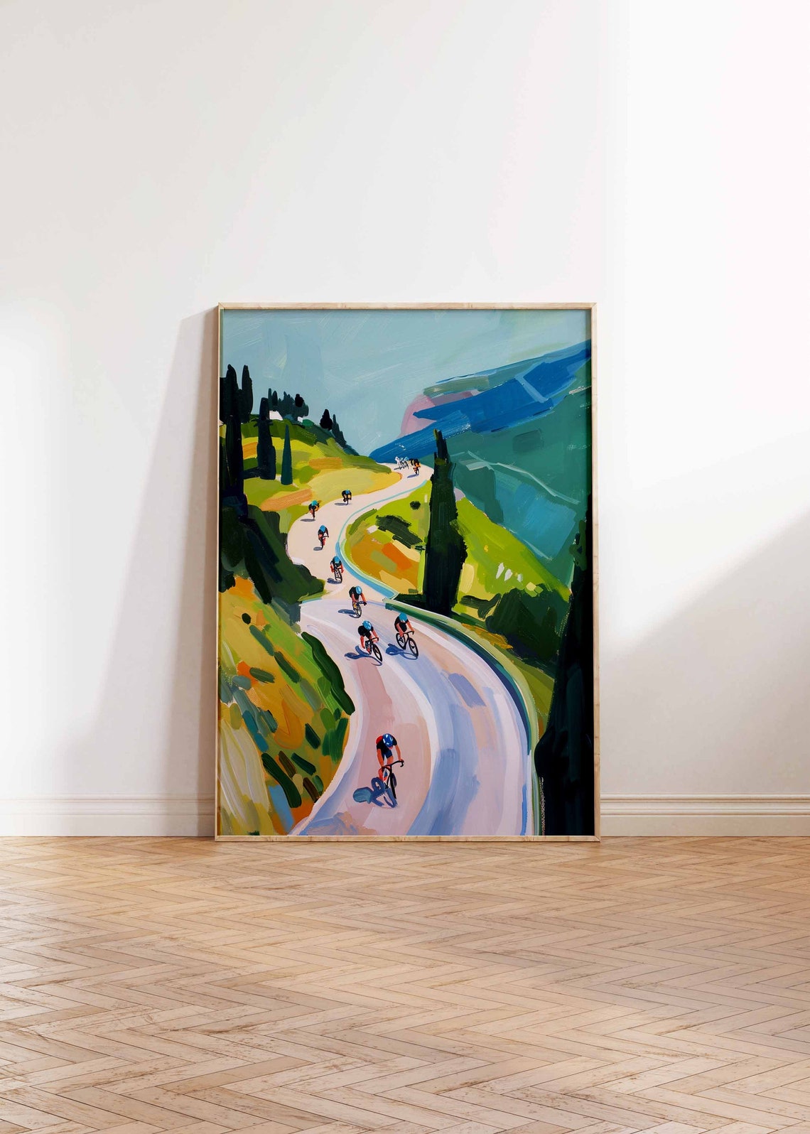 Cyclists Riding Past Cypress Trees Blue Mountain Road Poster - Image 2