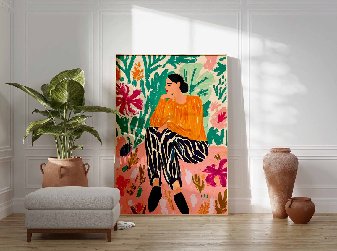 Thoughtful Woman in Mustard Sweater Floral Botanical Art Poster - Image 2