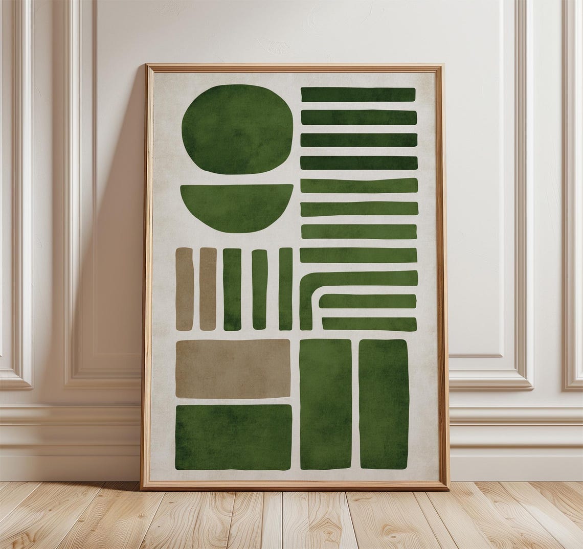 Green Line Abstract Art Print Modern Mid Century Geometric Wall Decor