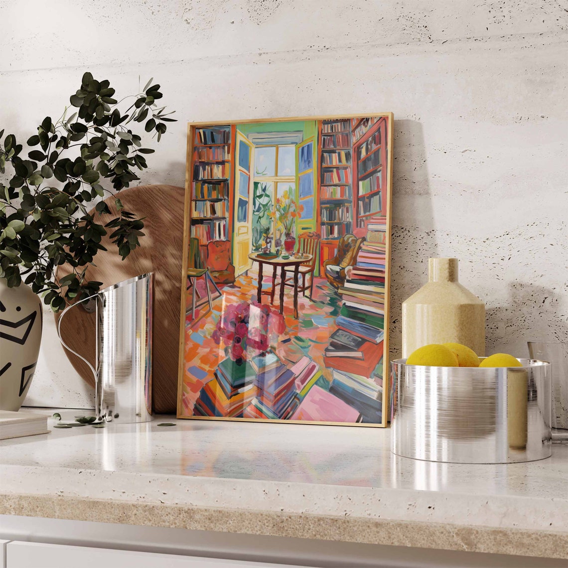 Colorful Library Reading Room Book Stacks Fauvist Interior Art Poster - Image 3