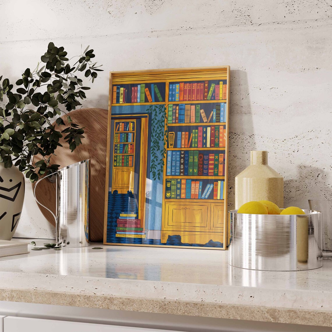 Library Doorway Poster with Golden Bookshelves and Secret Wooden Door - Image 2