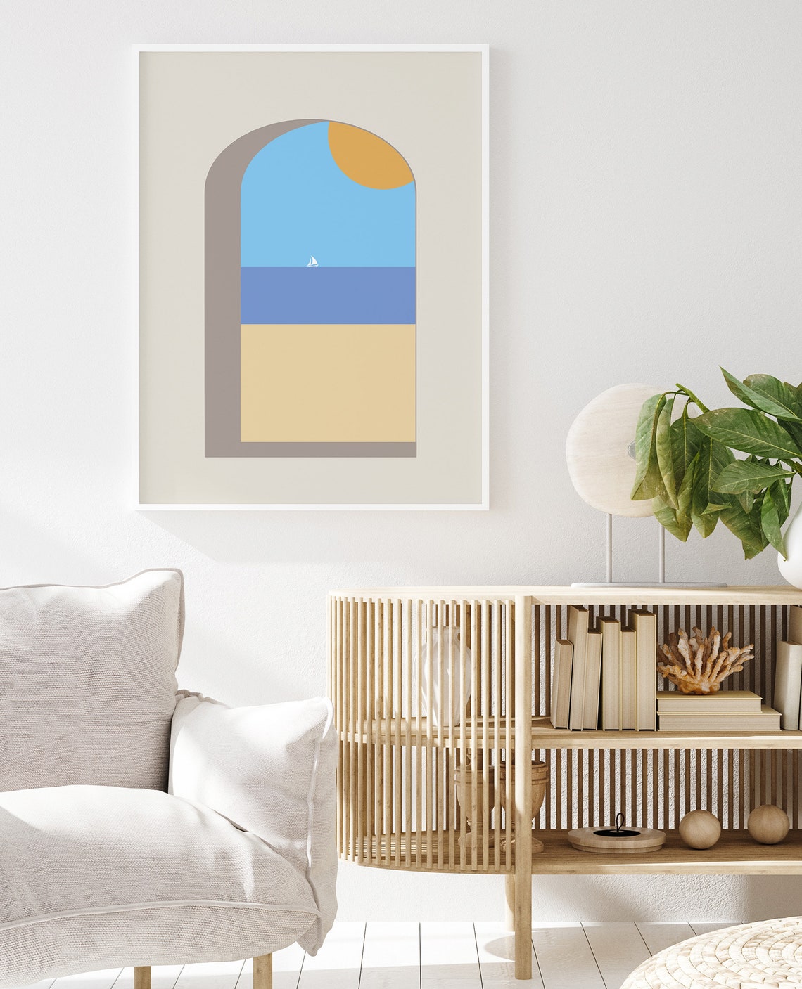 Minimalist Arch Seascape Sailboat Sun Modern Coastal Wall Art - Image 2