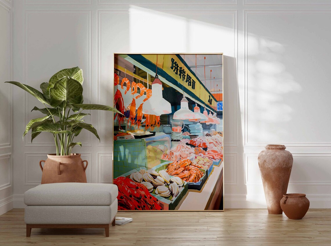 Asian Seafood Stall Hanging Prawns Shop Signage Painting Poster - Image 3