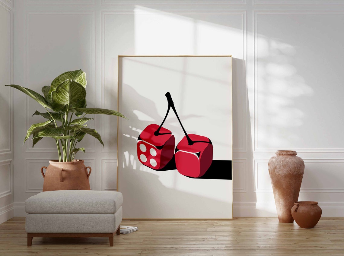 Pair of Red Dice Cherry Stems Retro Minimalist Pop Art Poster - Image 3