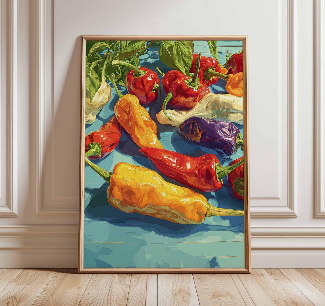 Colorful Sweet Peppers Still Life Painting Vibrant Kitchen Wall Poster