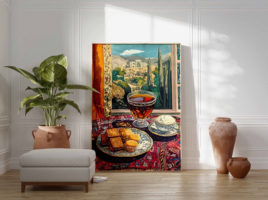 Middle Eastern Tea Pastries Carpet Table View Painting Art Poster - Image 3
