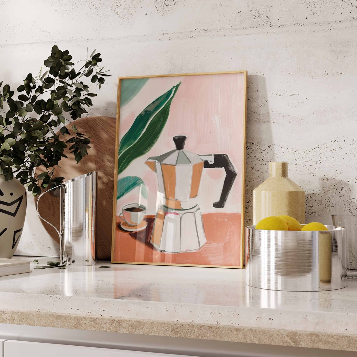 Italian Moka Pot Coffee Painting Pink Blush Kitchen Decor Poster - Image 2