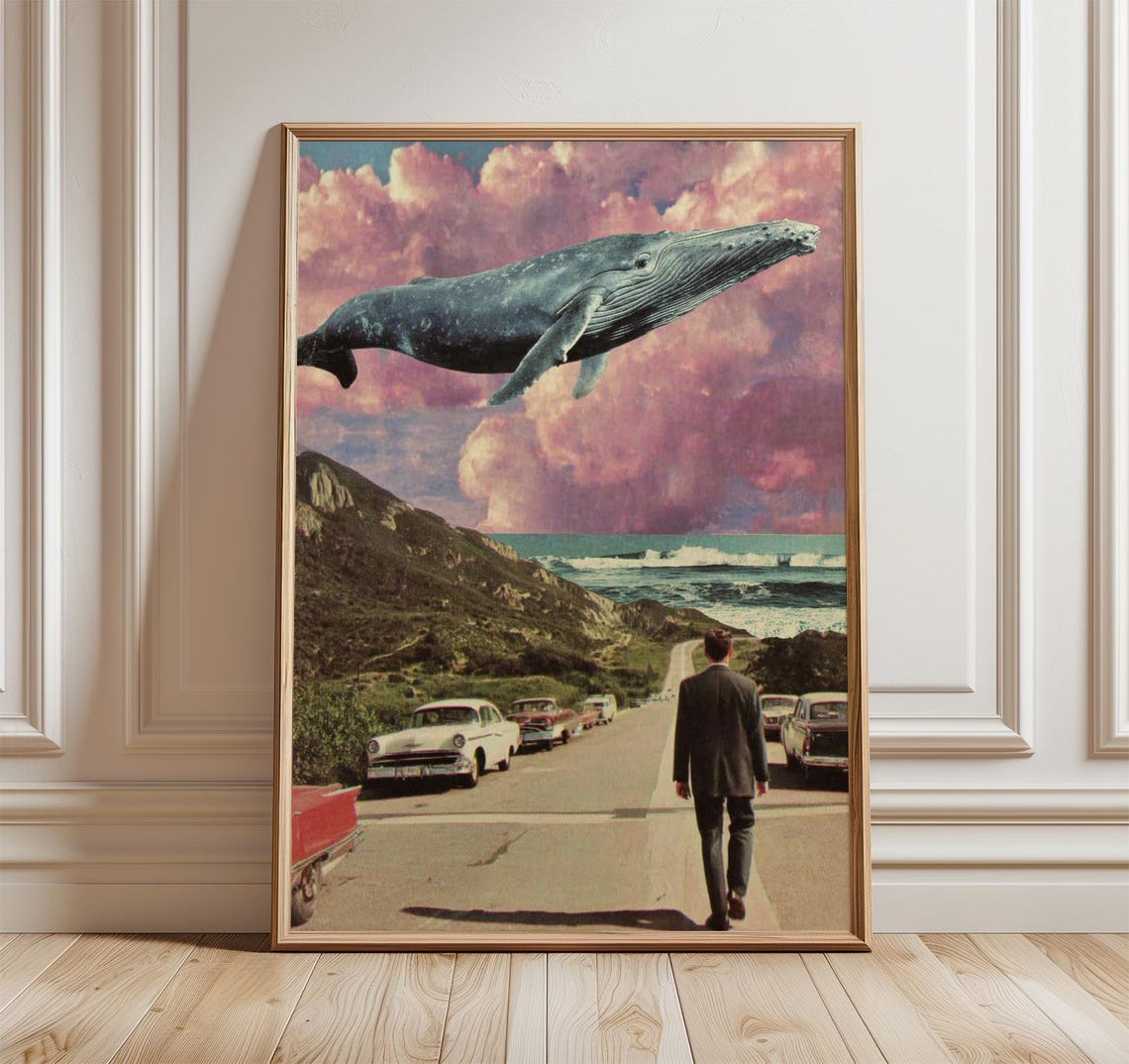 Surreal Whale Flying Pink Clouds Sky Retro Dream Collage Poster