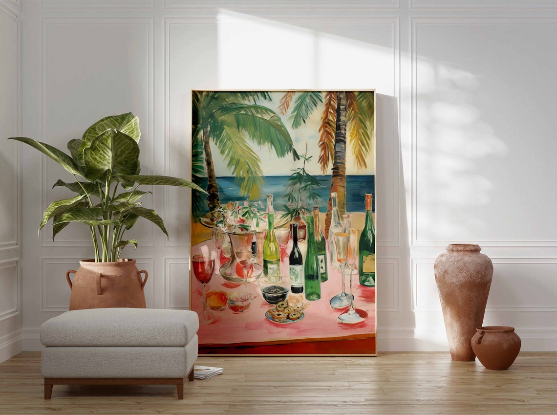 Tropical Beach Dinner Party with Wine Bottles Seaside Art Poster - Image 3