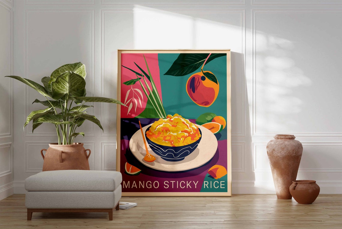 Mango Sticky Rice Dessert Bowl Spoon Lime Tropical Poster Art - Image 3