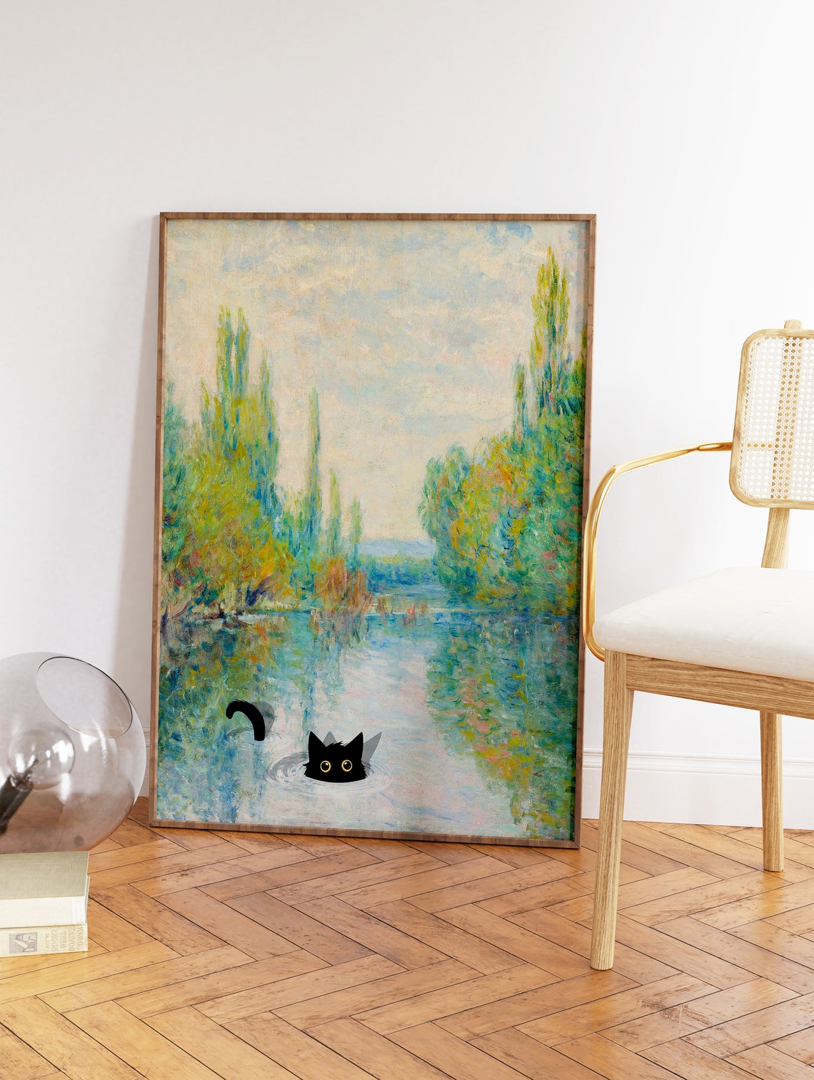 Black Cat Swimming in Monet Style River Funny Art Wall Poster - Image 2