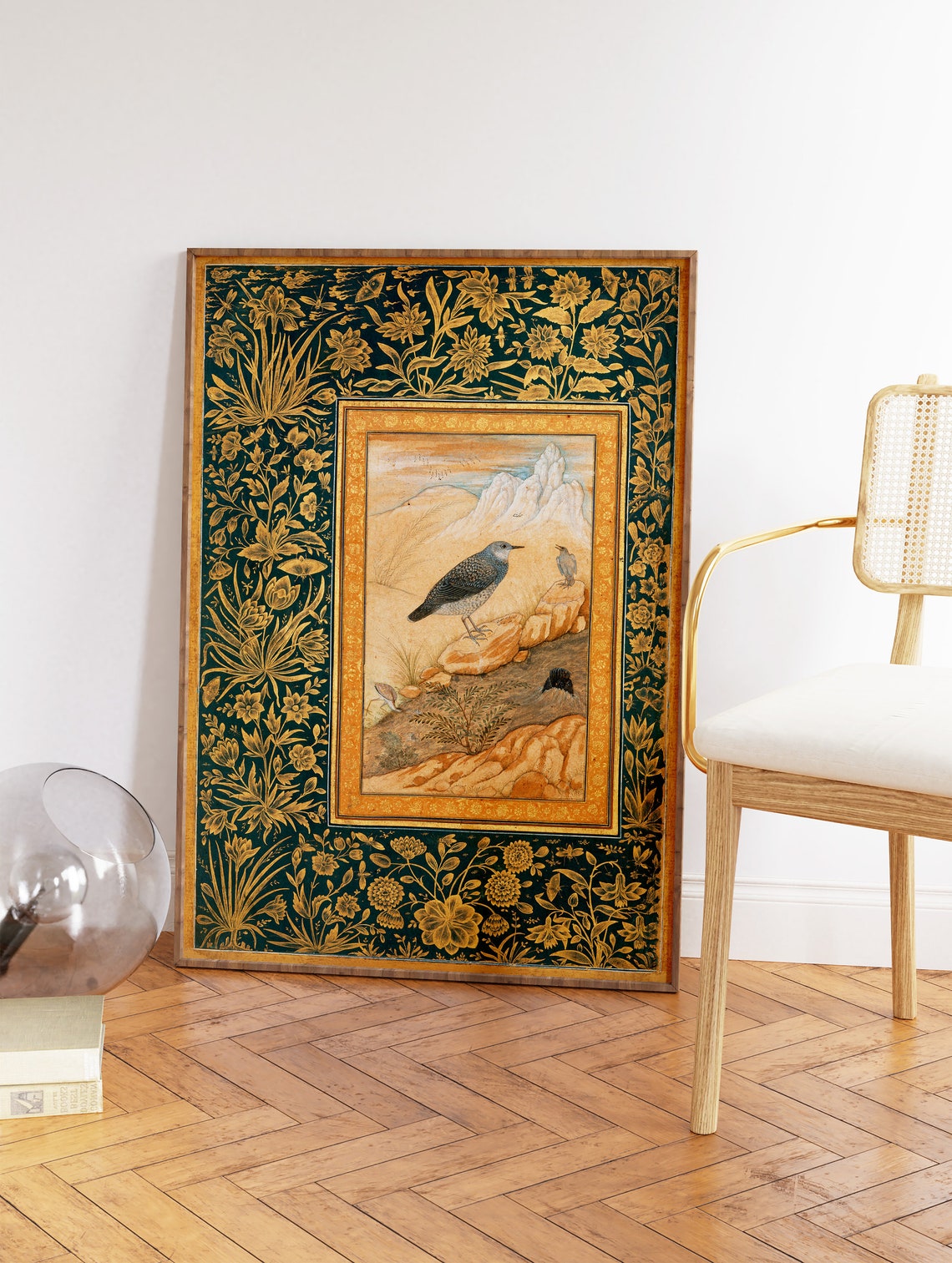Mughal Miniature Bird Painting Gold Floral Border Indian Art Poster - Image 3