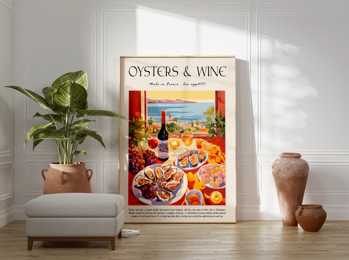 Oysters And Wine Made In France Kitchen Coastal Art Poster Gift - Image 2