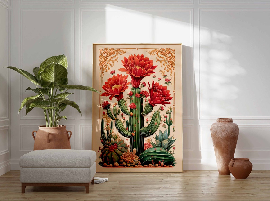 Red Blossom Cactus Botanical Illustration Vintage Mexican Art Poster - Image 2