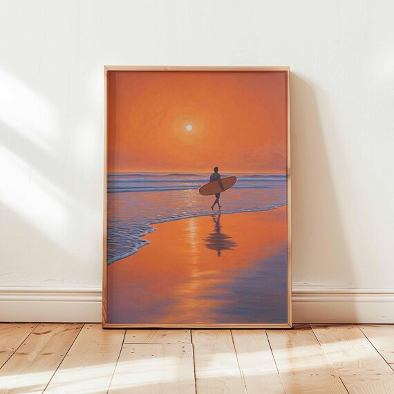 Surfer Silhouette Walking Into Ocean Sunset Beach Art Poster