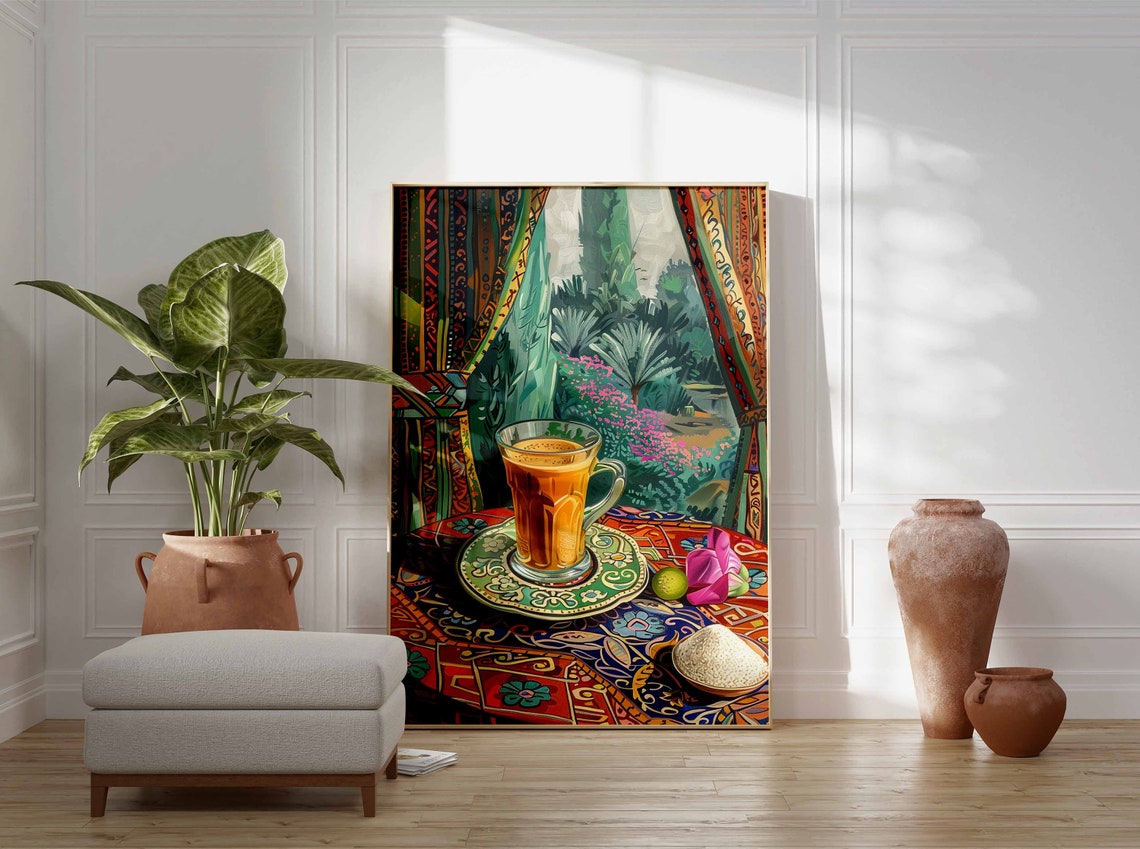 Golden Tea Glass Garden View Patterned Tablecloth Still Life Poster - Image 3