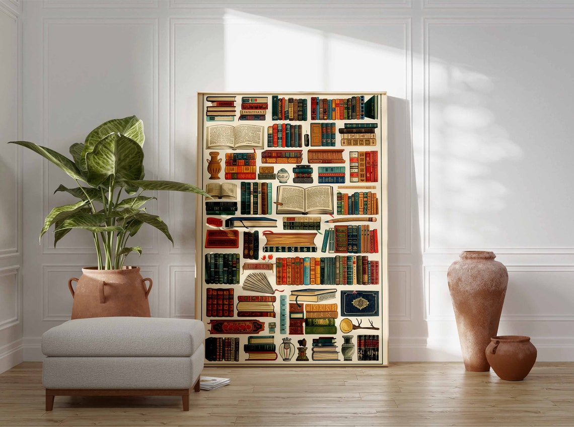 Vintage Library Book Spines Antique Bookshelf Collection Poster - Image 3
