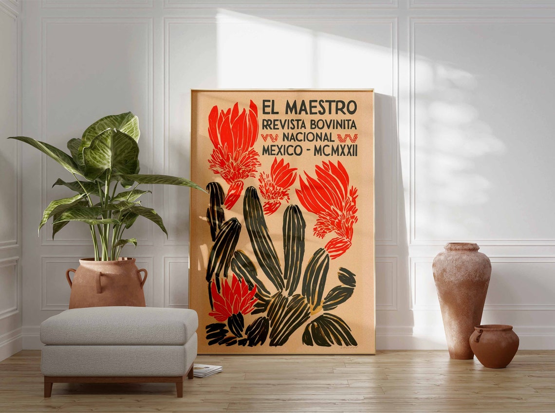 El Maestro Dark Cactus Red Blooms Vintage Mexico Magazine Poster - Image 2