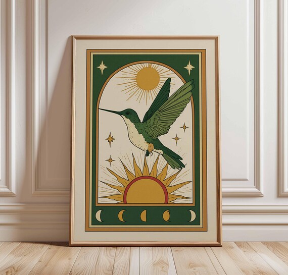 Sun And Moon Hummingbird Poster Boho Print Mystical Wall Art Vintage Decor Green Bird Illustration Celestial
