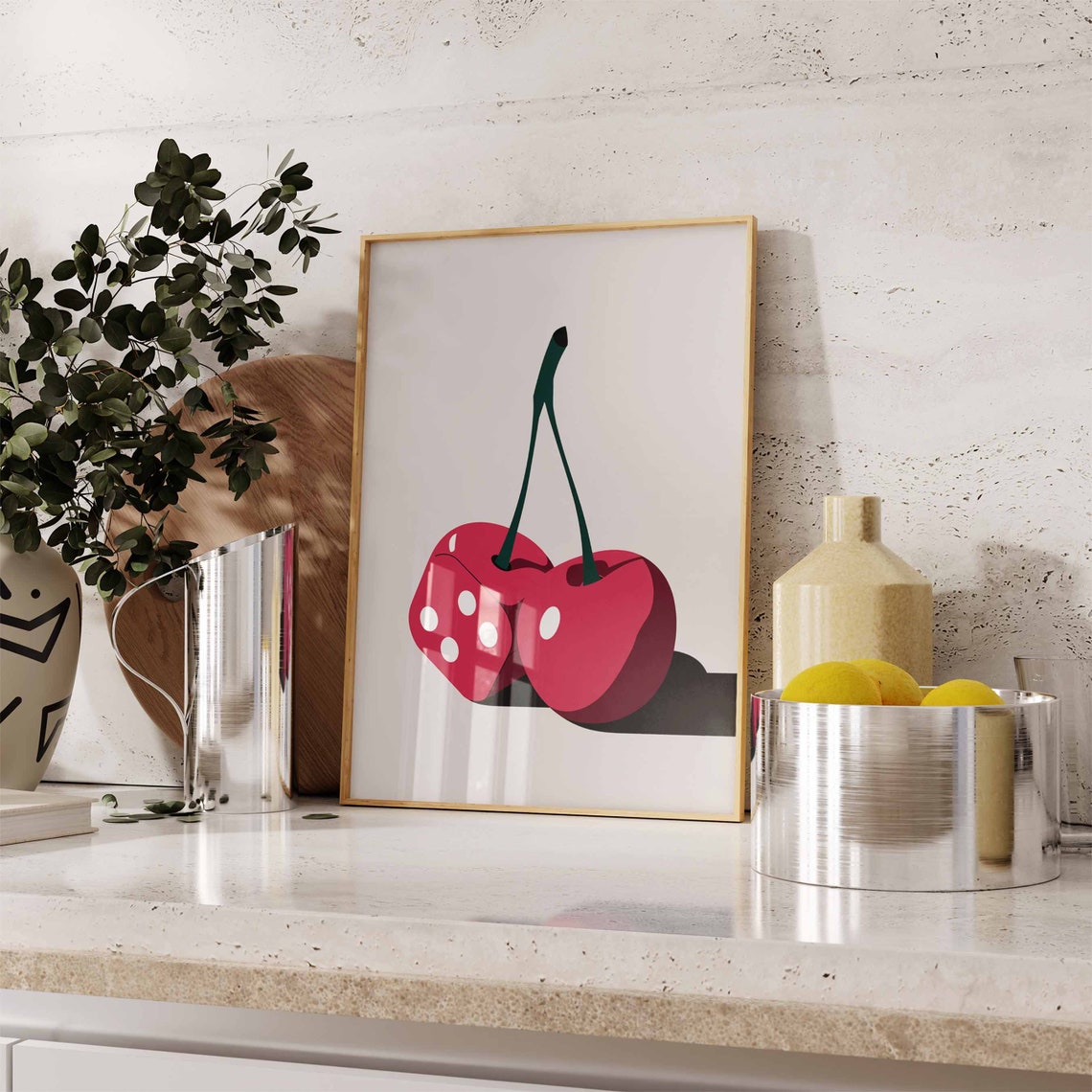 Cute Red Dice and Cherry Long Stems Retro Pop Art Fruit Poster - Image 2