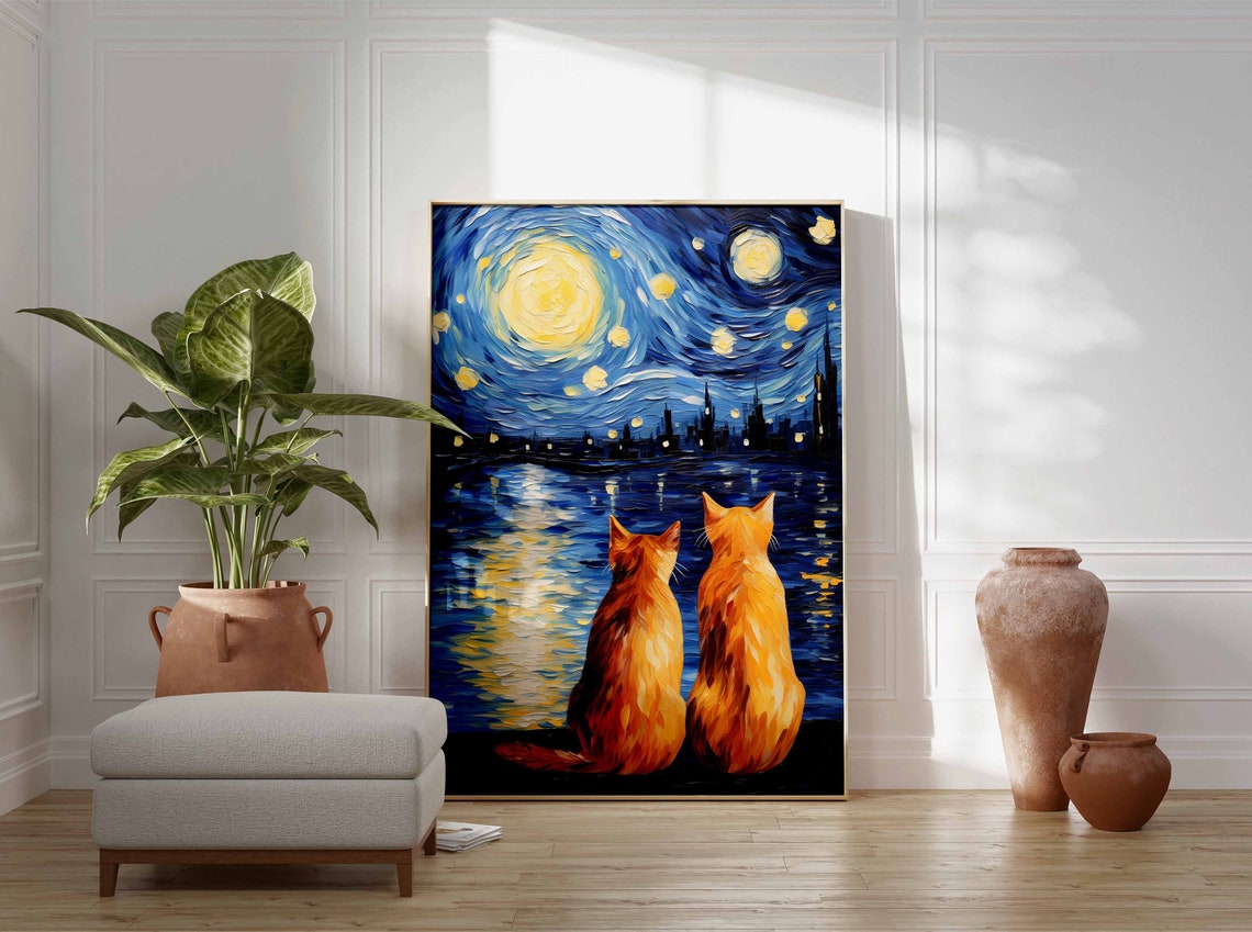 Two Orange Cats Watching Swirling Starry Night Sky Art Poster - Image 2