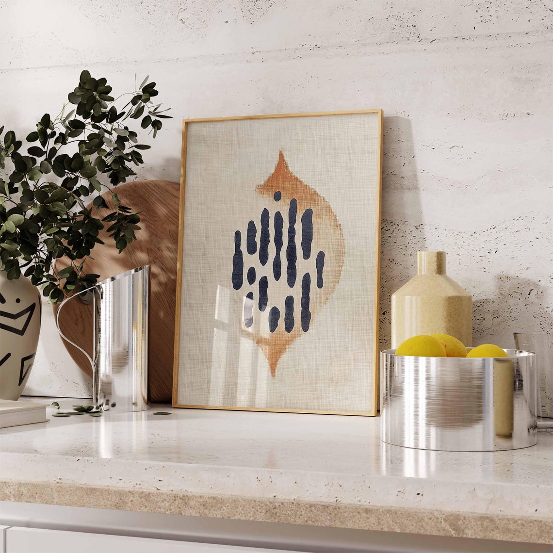 Abstract Amber Leaf With Navy Brush Marks Modern Minimalist Art Poster - Image 3