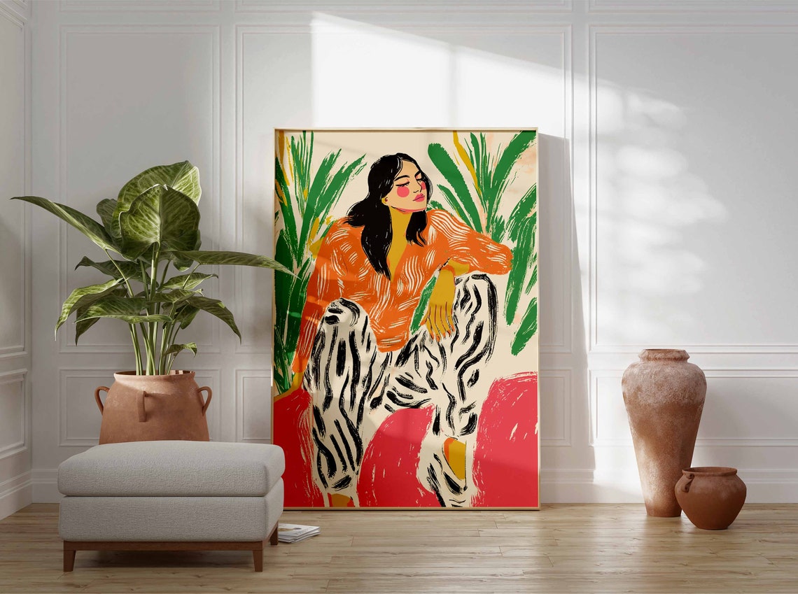 Woman in Orange Sweater and Zebra Pants Tropical Botanical Poster - Image 2