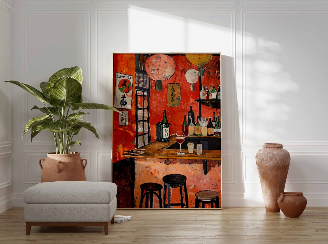 Japanese Izakaya Red Wall Bar Corner Lanterns Bottles Painting Poster - Image 3