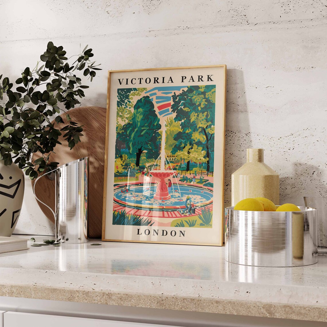 Victoria Park London Garden Fountain Sunny Colorful Travel Poster - Image 2